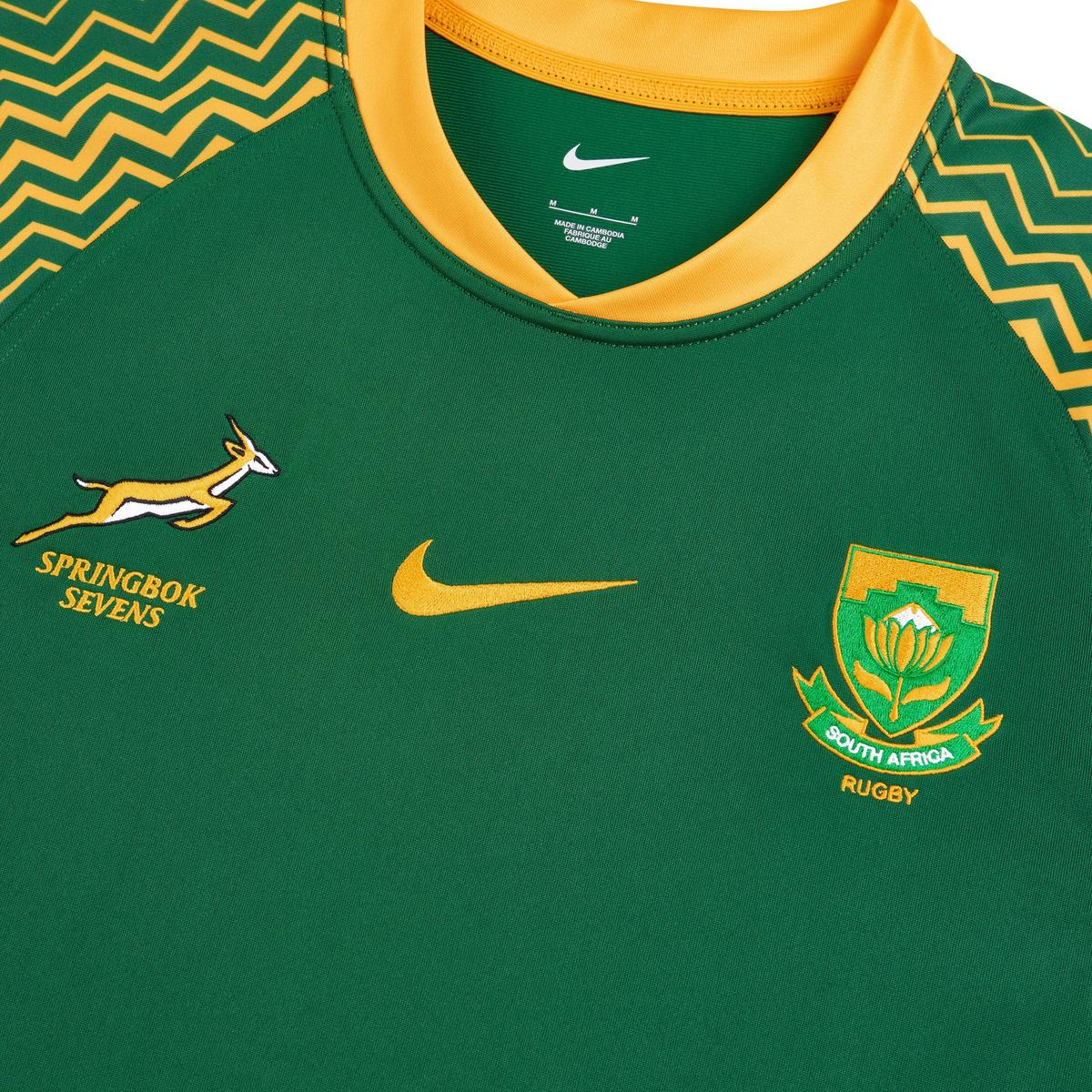 Springboks Sevens Home Rugby Shirt Adults – Embroidered Springbok and South Africa Rugby Crests Close Up
